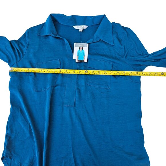 Company Ellen Tracy Sz L Enamel Blue Long Sleeve Roll Tab Blouse Lightweight NWT - Picture 6 of 14